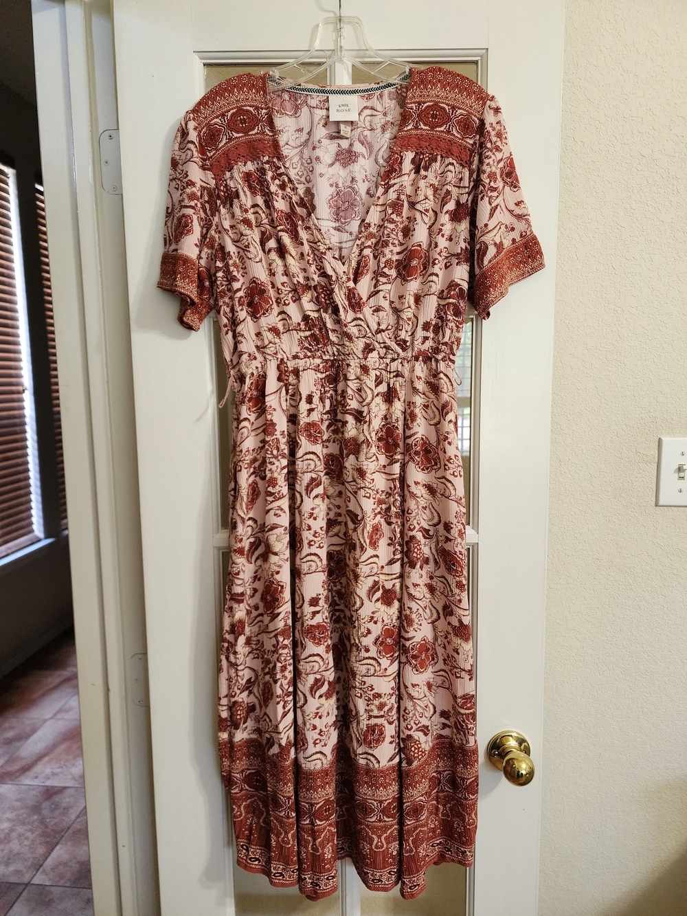 Knox Rose Boho Faux Wrap Floral Midi Dress Rayon Pink Rust M Missing Belt